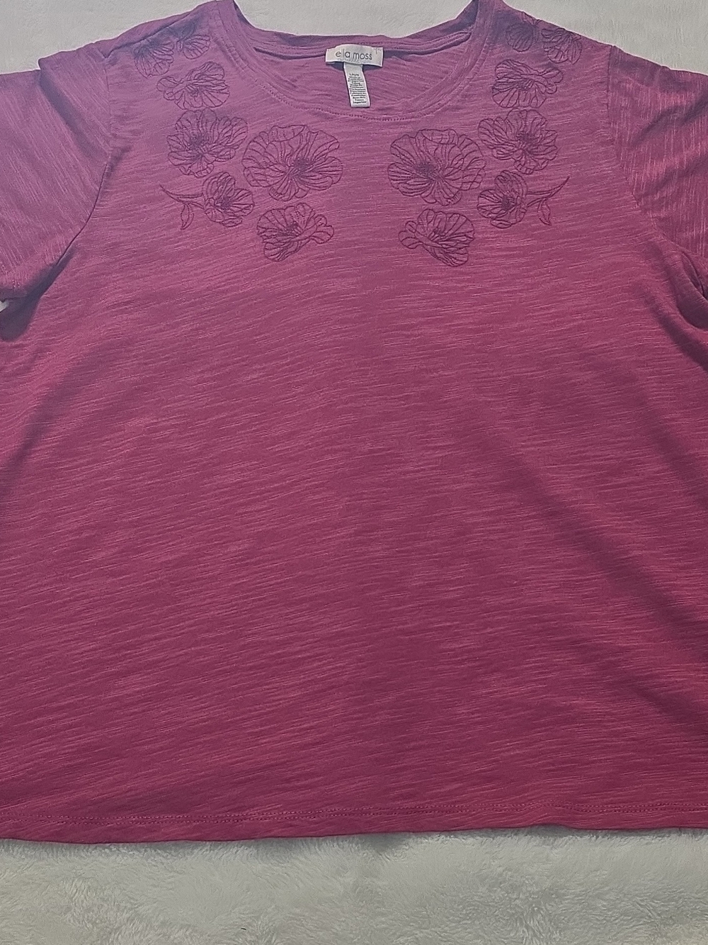 Ella Moss Women's Embroidered Floral Neckline Slub Knit Top - Pink/Berry, Large